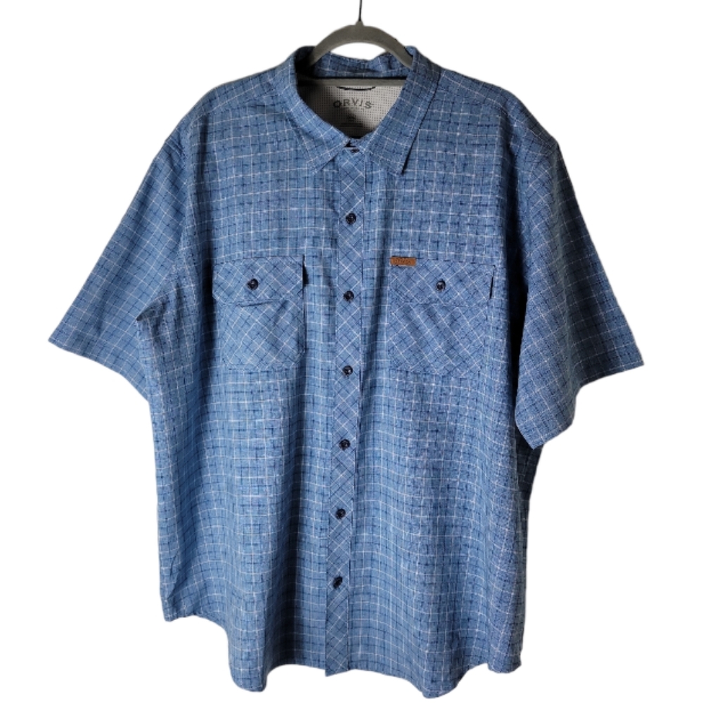 Orvis men’s XXL plaid button down shirt blue white short sleeve casual outdoor